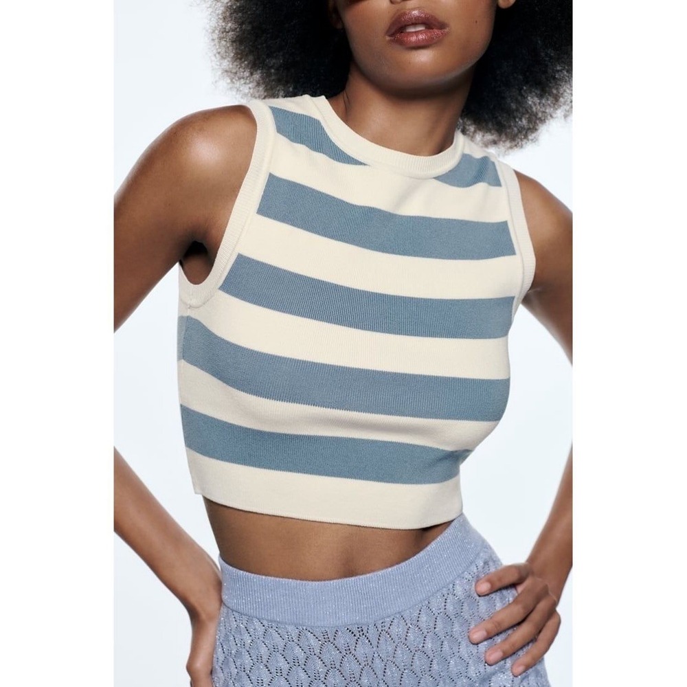 Zara Knit Blue White Striped Crop Tank Top Sleeveless Womens Size Medium Beach